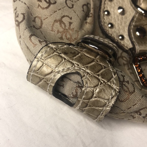 GUESS 1992 Vintage tan/silver and bronze rhinestone/snakeskin mini handbag. - Picture 4 of 12